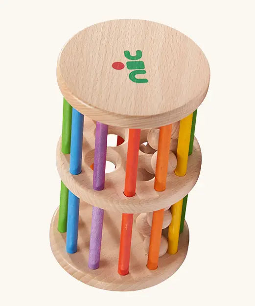 Nic Toys Rattle n Roll, a wooden rolling wheel musical toy for babies with rainbow stained rungs and natural wooden marbles.
