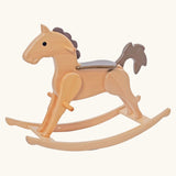 Nic Toys Wooden Rocking Horsetoy, natural wood finish with a gre/brown mane, tail and seat for child.