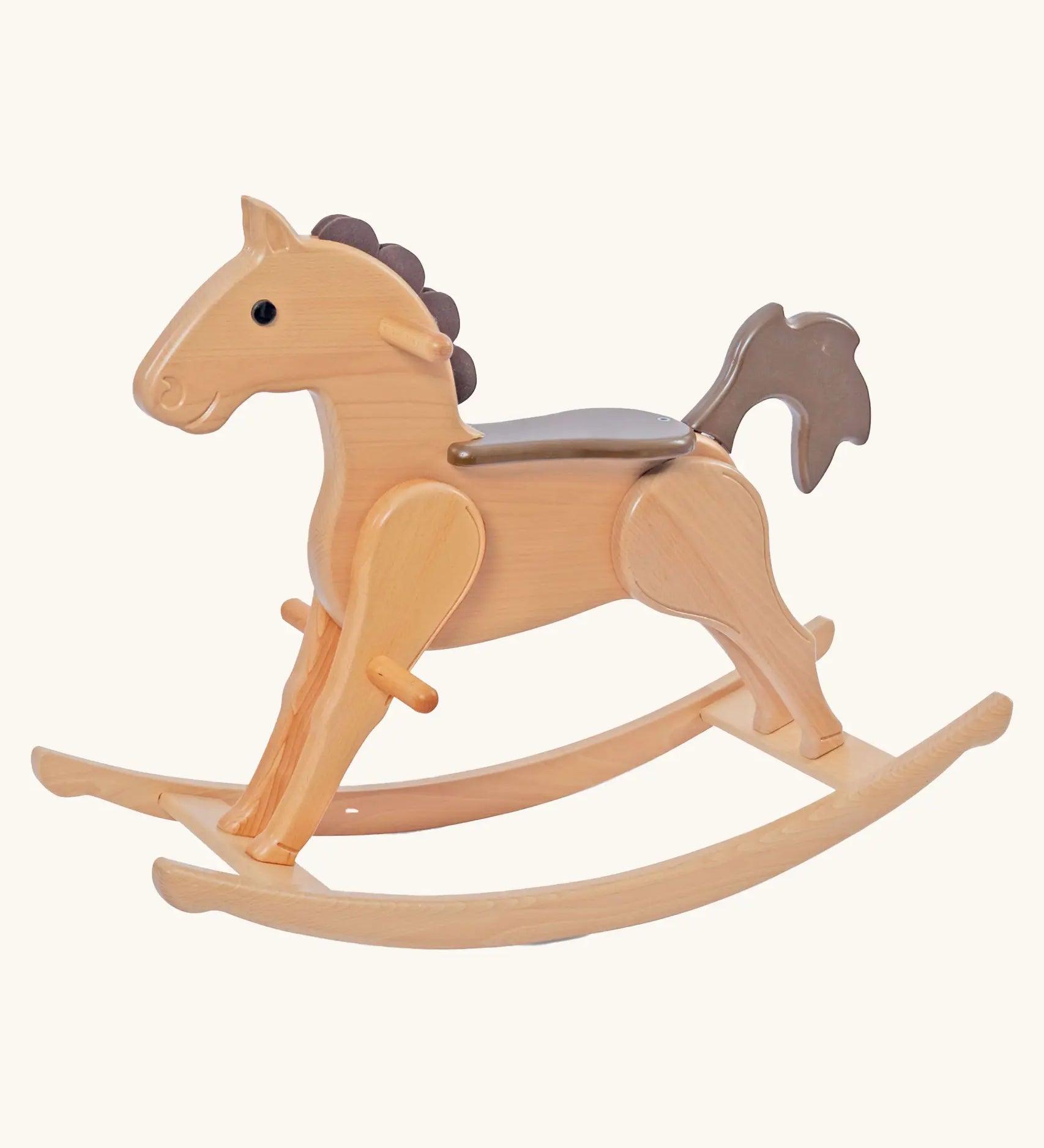 Nic Toys Wooden Rocking Horsetoy, natural wood finish with a gre/brown mane, tail and seat for child.