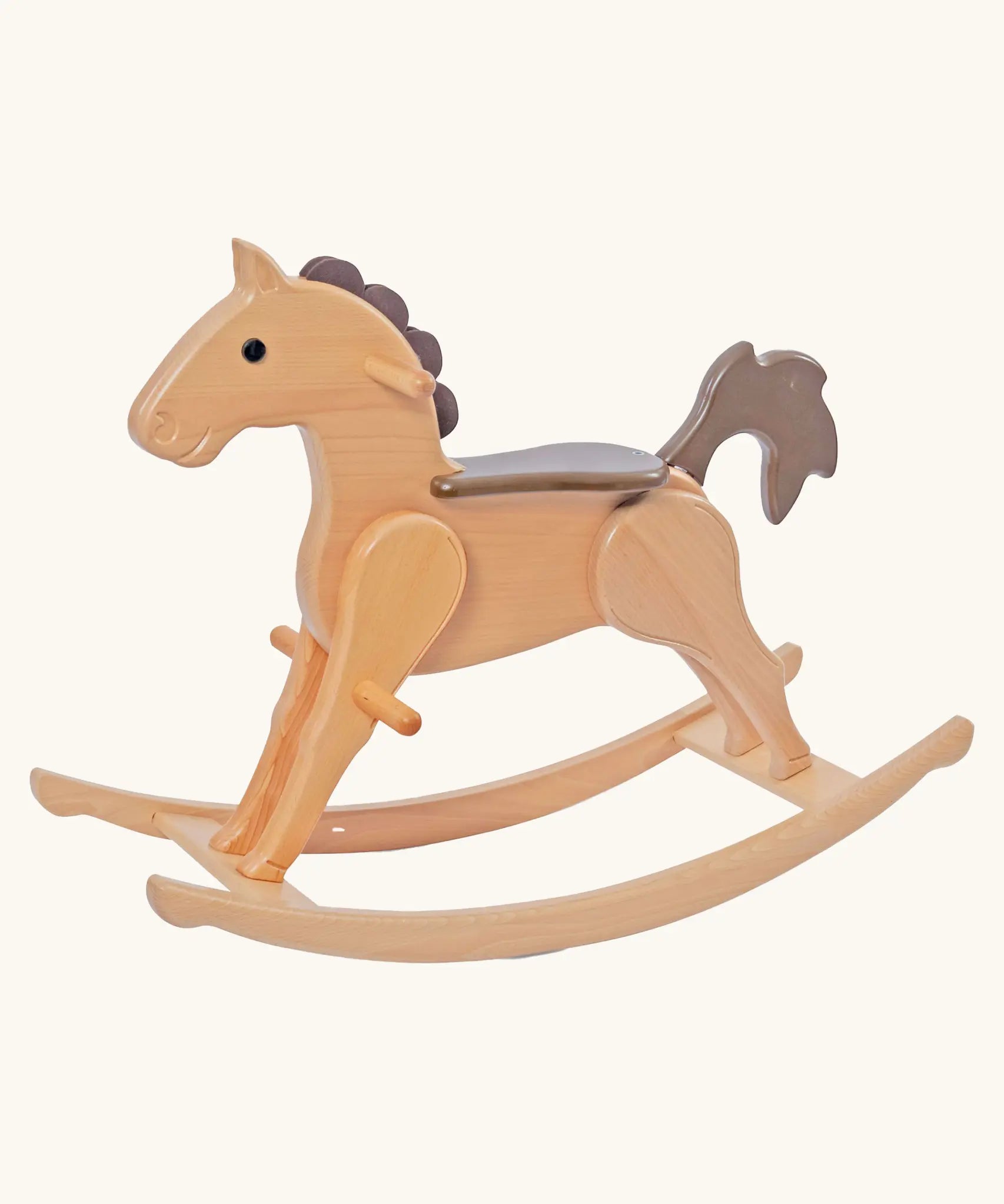 Nic Toys Wooden Rocking Horsetoy, natural wood finish with a gre/brown mane, tail and seat for child.