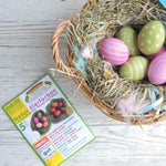 ÖkoNORM nawaro natural egg dye set placed on a light wooden surface beside a wicker basket filled with hay and dyed Easter eggs. The packaging is green and white, featuring an image of naturally dyed eggs in shades of red, pink, yellow, and brown. The label highlights that the dyes are made from natural ingredients. The basket contains decorated eggs in pastel shades of pink and green, some with polka dot and striped patterns, nestled among hay, feathers, and blue ribbon