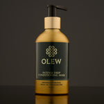 Olew, Intense Deep Conditioning Hair Mask, naturally hydrating vegan haircare which is SLS and Paraben Free comes in a gold and dark green bottle with a push pump on top. The image is on a dark grey background