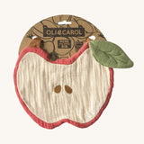 Oli & Carol Peppa the apple baby bib available at Babipur. A organic cotton bib in a shape of a red apple cut in half. 