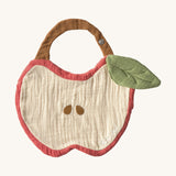 Oli & Carol Peppa the apple baby bib available at Babipur. A organic cotton bib in a shape of a red apple cut in half. Features a popper fastener. 
