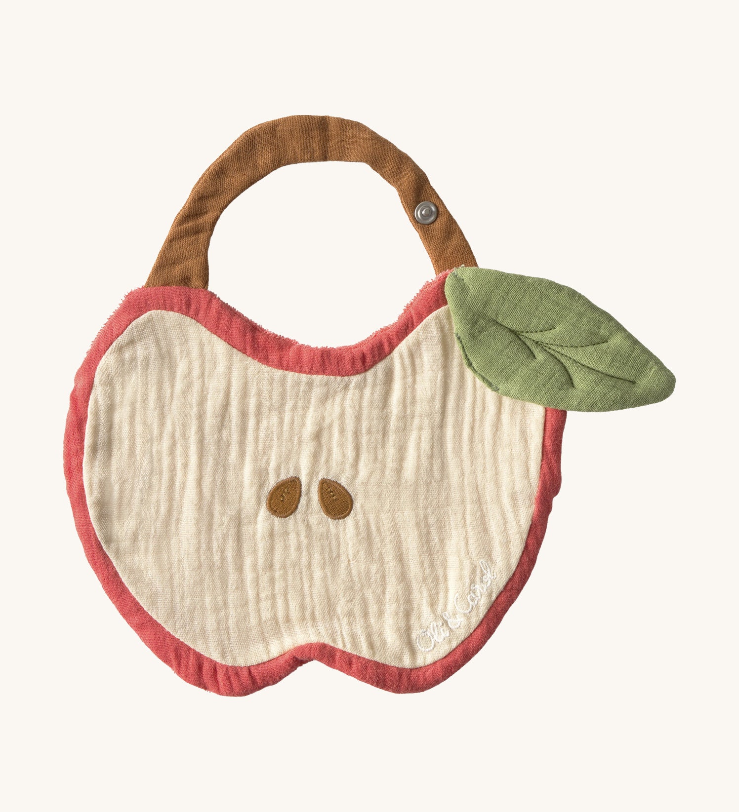Oli & Carol Peppa the apple baby bib available at Babipur. A organic cotton bib in a shape of a red apple cut in half. Features a popper fastener. 