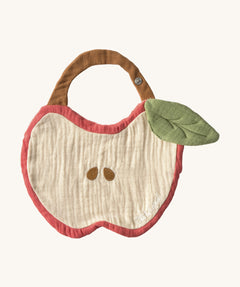 Oli & Carol Peppa the apple baby bib available at Babipur. A organic cotton bib in a shape of a red apple cut in half. Features a popper fastener. 
