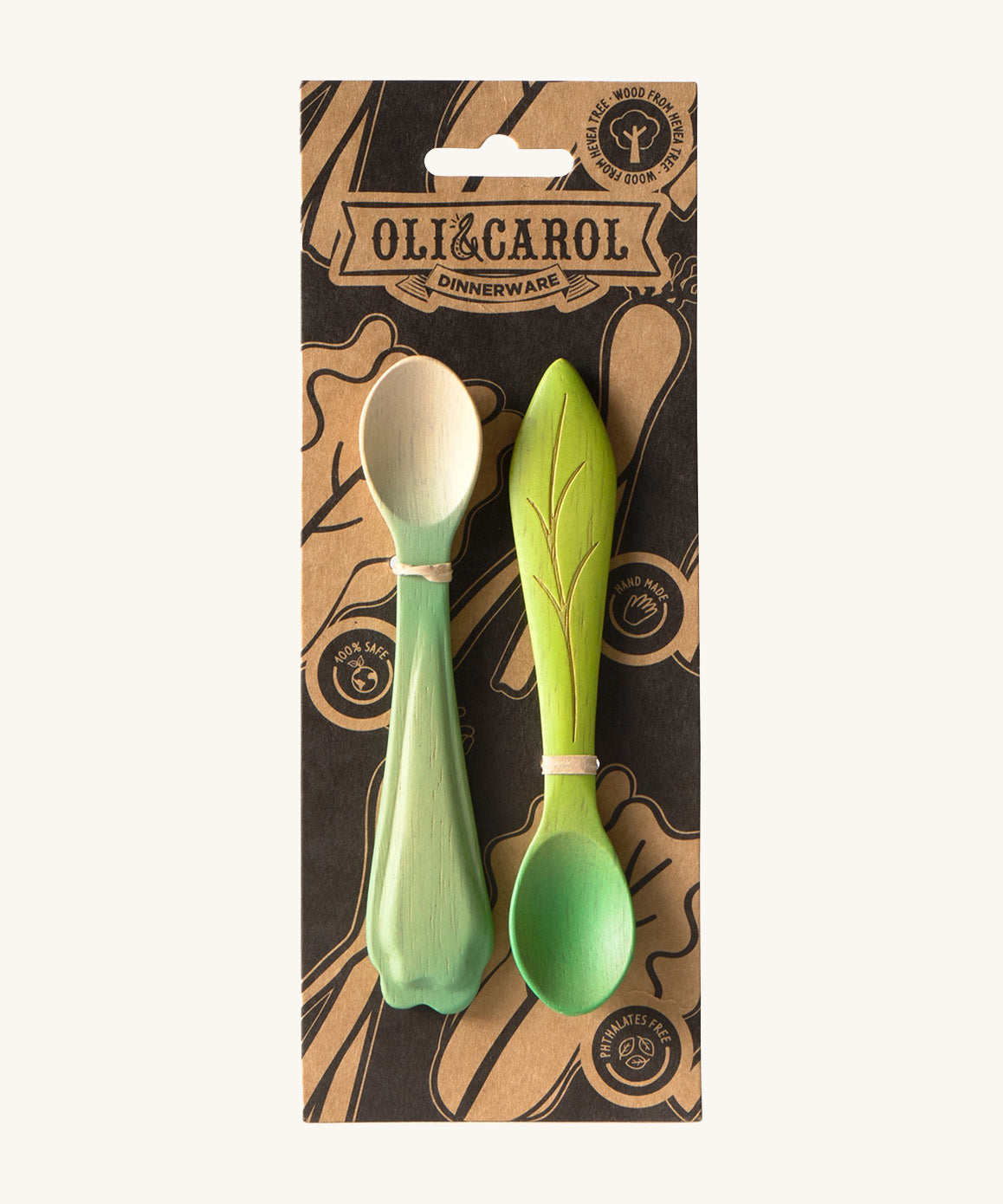 The packaging for the Oli & Carol 2 pack baby wooden spoons in a kale and leek design and available at Babipur. 