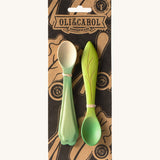 The packaging for the Oli & Carol 2 pack baby wooden spoons in a kale and leek design and available at Babipur. 