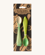 The packaging for the Oli & Carol 2 pack baby wooden spoons in a kale and leek design and available at Babipur. 
