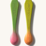 The back of the Oli & Carol 2 pack baby wooden spoons in a radish and carrot design and available at Babipur. Features the brand name on the handle