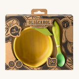 A close up of the cardboard packaging holding the Oli & Carol Lou the lemon wooden bowl and spoon set available at Babipur. 