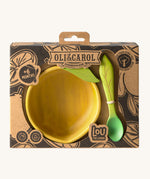 A close up of the cardboard packaging holding the Oli & Carol Lou the lemon wooden bowl and spoon set available at Babipur. 