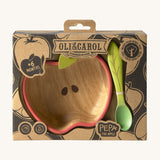A close up of the cardboard packaging holding the Oli & Carol Peppa the apple wooden bowl and spoon set available at Babipur. 
