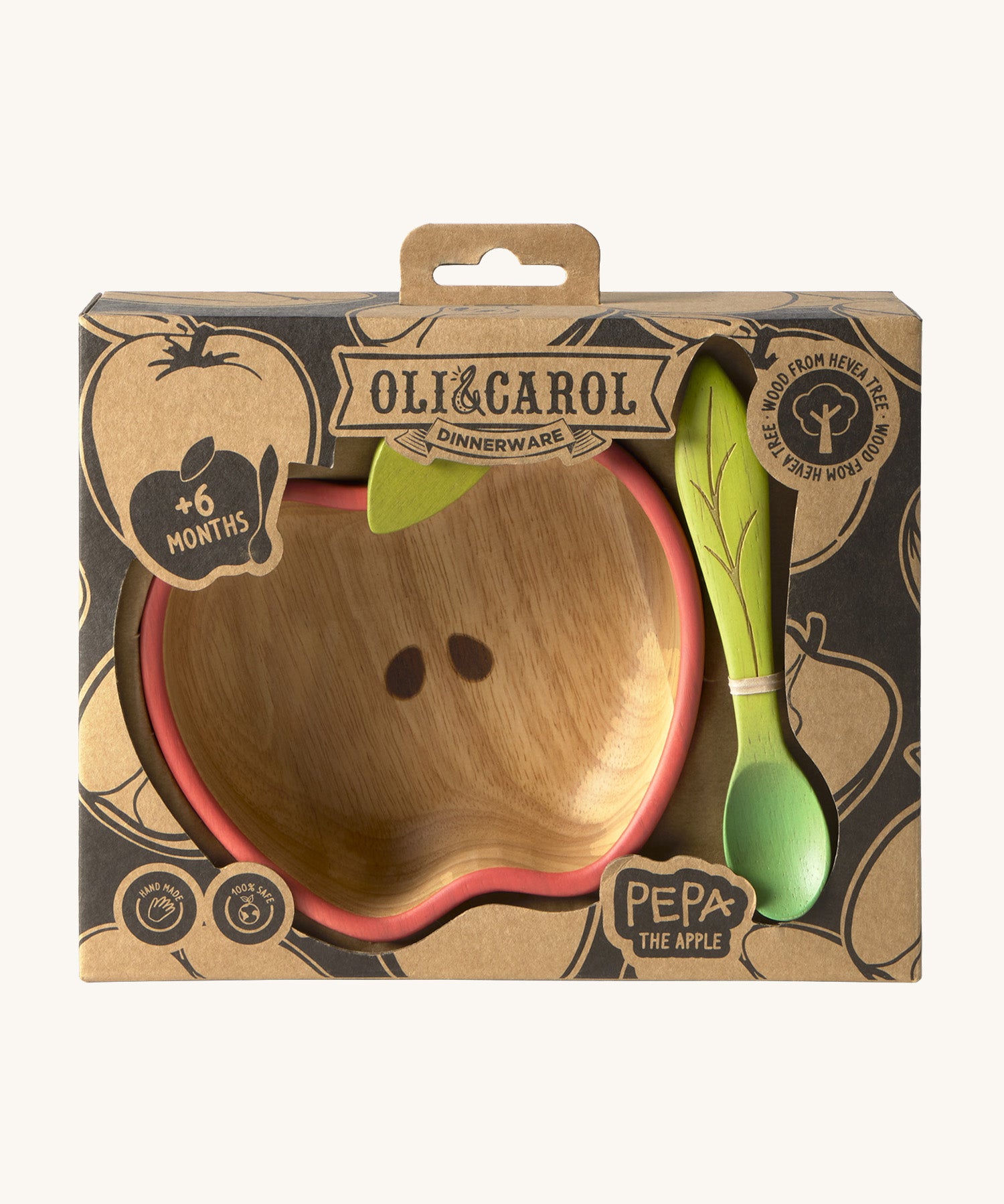 A close up of the cardboard packaging holding the Oli & Carol Peppa the apple wooden bowl and spoon set available at Babipur. 