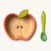 Oli & Carol Peppa the apple wooden bowl and spoon set available at Babipur.  The bowl is in a shape of a apple cut in half and features a decorative green leaf on the bowl.