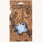The Oli & Carol Natural Rubber Mini Teether - Blues The Butterfly, on its cardboard packaging slip