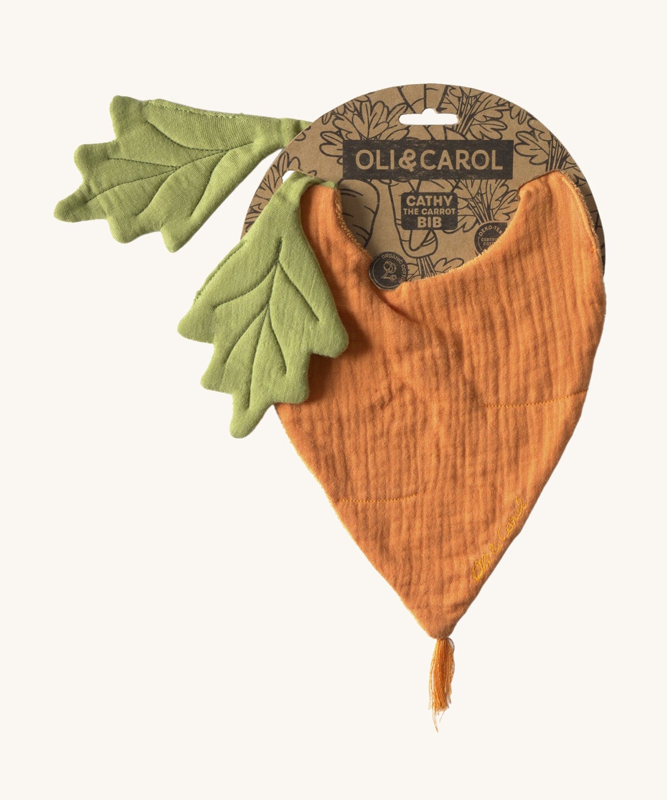 Oli & Carol Cathy the carrot baby bib available at Babipur. A organic cotton bib in a shape of a orange carrot