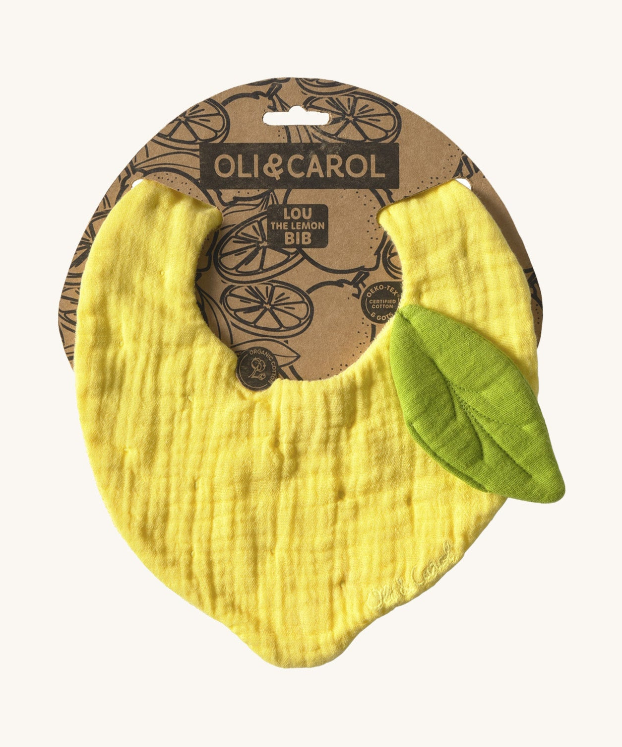 Oli & Carol Lou the lemon baby bib available at Babipur. A organic cotton bib in a shape of a yellow lemon