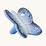 A side view of the Oli & Carol Natural Rubber Mini Teether - Blues The Butterfly, showing the texture of the teether