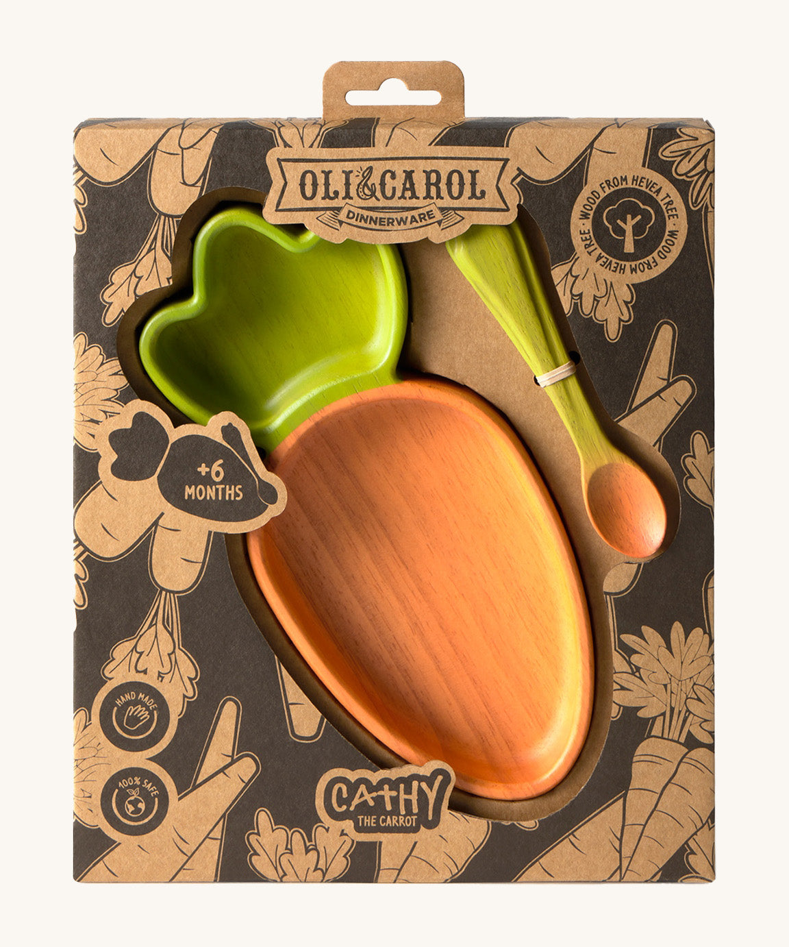 A close up of the cardboard packaging holding the Oli & Carol Cathy the carrot wooden plate and spoon set available at Babipur.