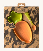 A close up of the cardboard packaging holding the Oli & Carol Cathy the carrot wooden plate and spoon set available at Babipur.