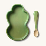 Oli & Carol Kendall the kale wooden plate and spoon set available at Babipur. Plate is in a shape of a piece of kale