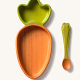Oli & Carol Cathy the carrot wooden plate and spoon set available at Babipur. Plate is in a shape of carrot with a divider