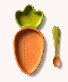 Oli & Carol Cathy the carrot wooden plate and spoon set available at Babipur. Plate is in a shape of carrot with a divider