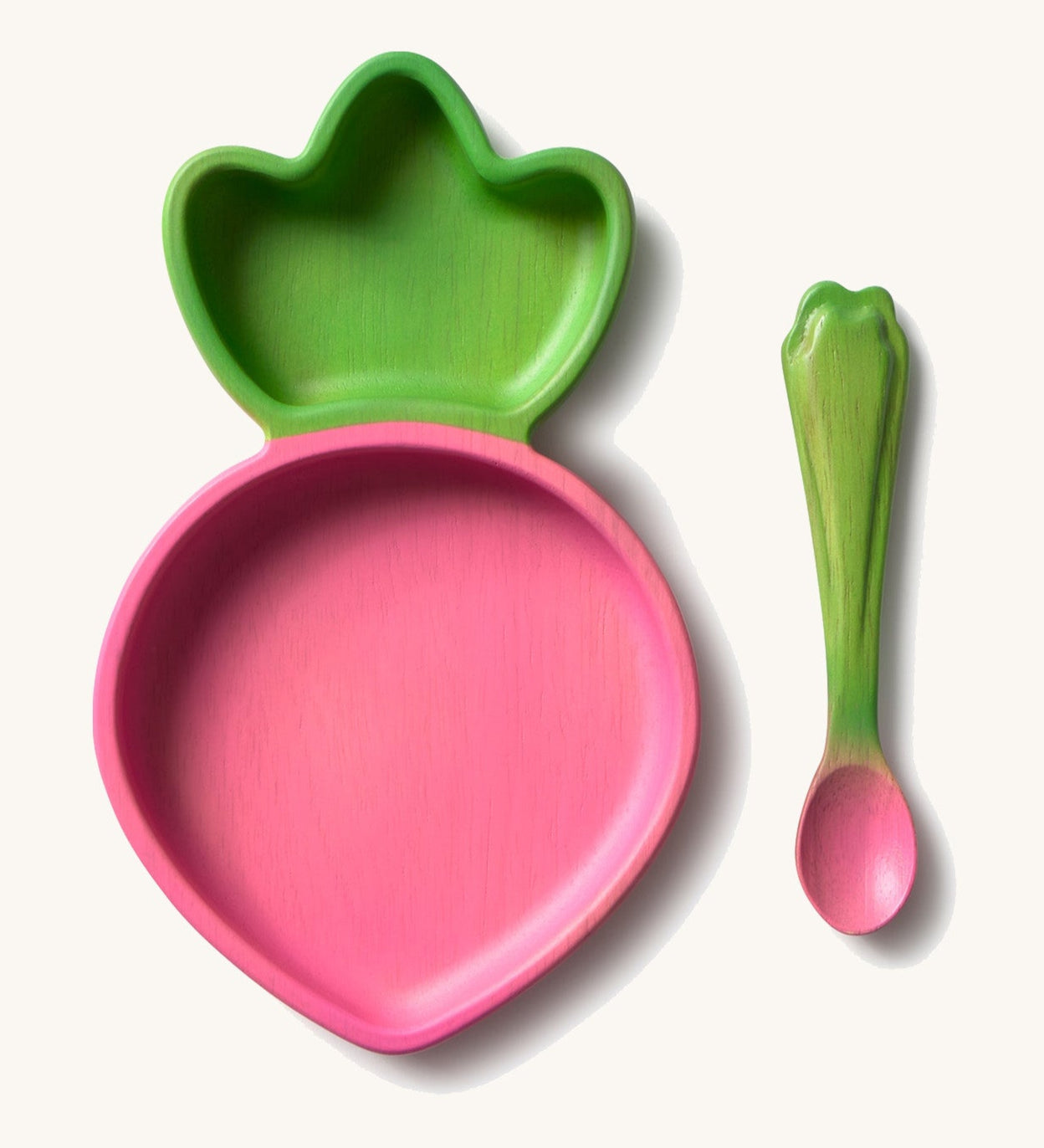 Oli & Carol Ramona the radish wooden plate and spoon set available at Babipur. Plate is in a shape of radish with a divider