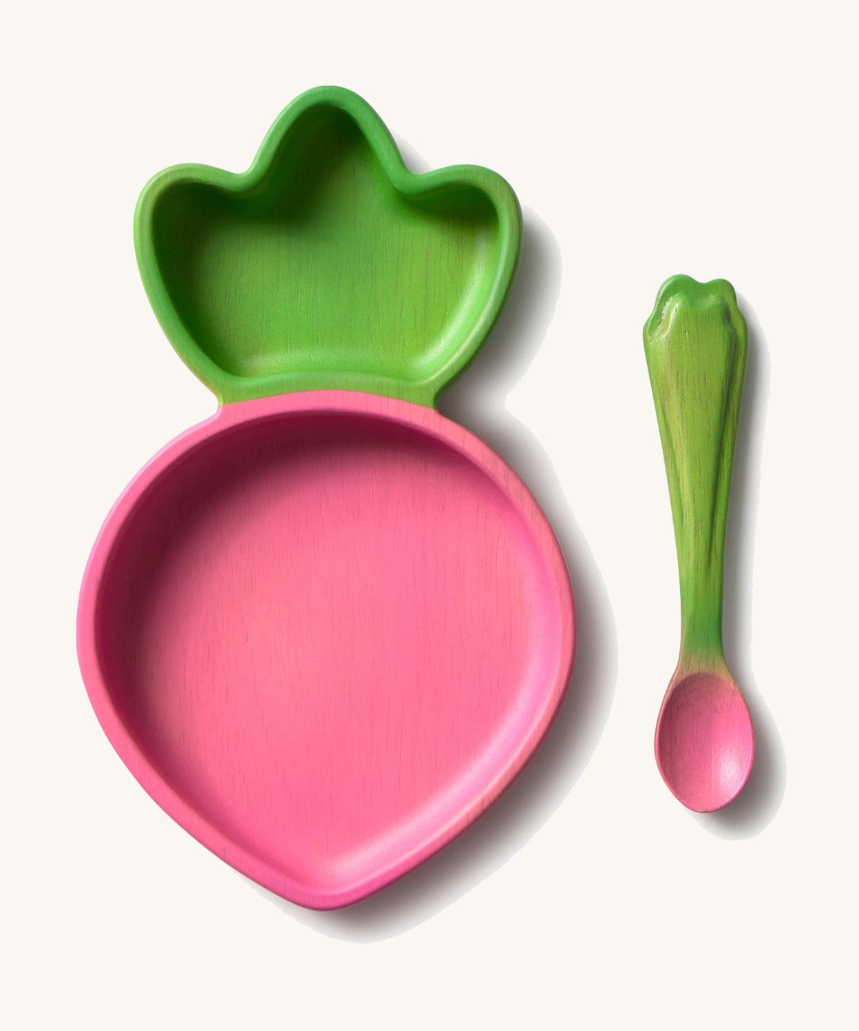 Oli & Carol Ramona the radish wooden plate and spoon set available at Babipur. Plate is in a shape of radish with a divider