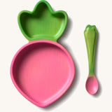 Oli & Carol Ramona the radish wooden plate and spoon set available at Babipur. Plate is in a shape of radish with a divider