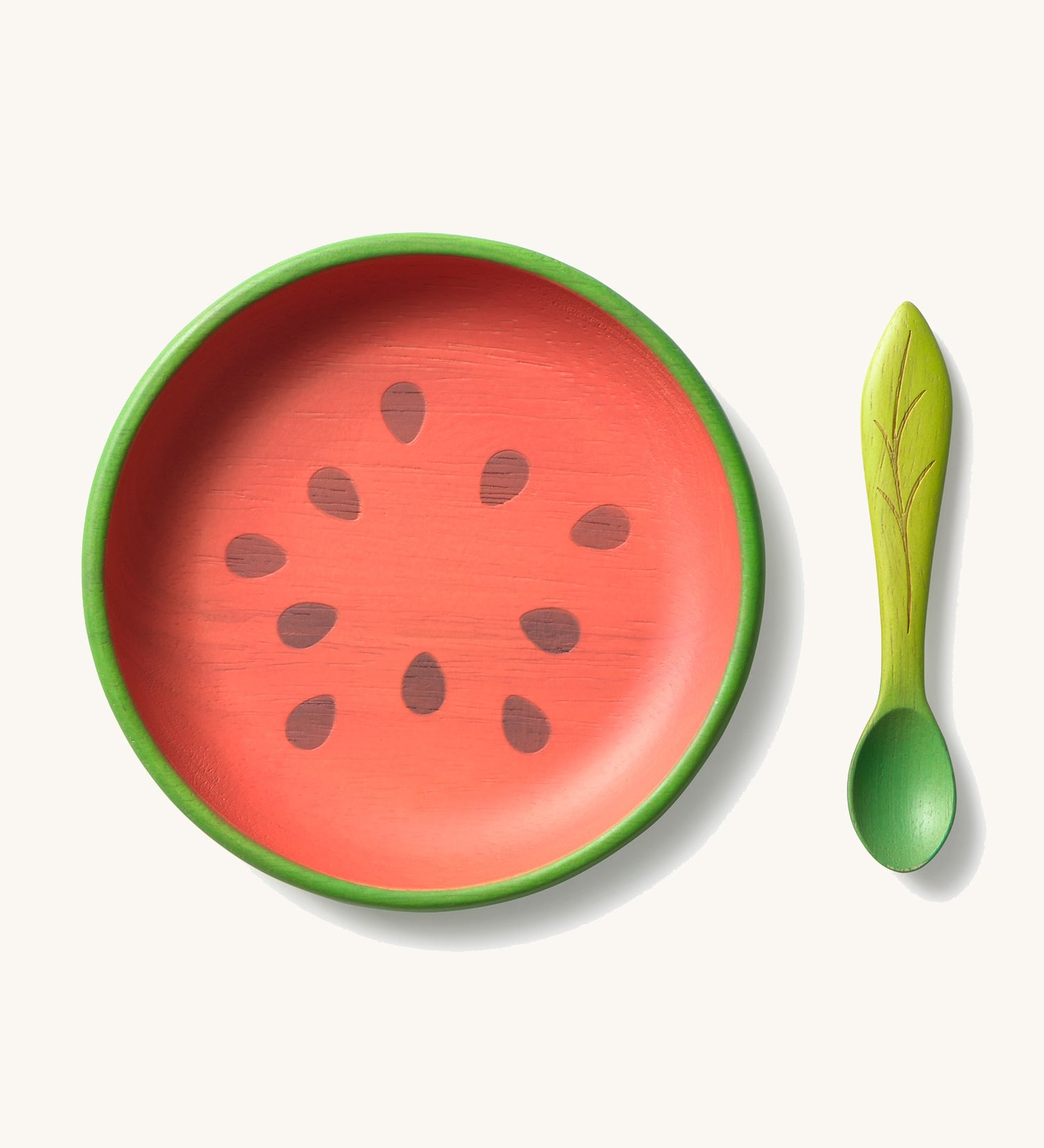 Oli & Carol Wally the watermelon wooden plate and spoon set available at Babipur. Plate is in a shape of a watermelon cut in half.