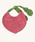 The reverse side of the Oli & Carol Ramona the radish baby bib available at Babipur. A organic cotton bib in a shape radish. Features a popper fastener for size adjustment. 