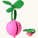 The Ramona Radish Pacifier Holder on a cream background. The image shows an Oli & Carol radish teething toy next to the holder, and the slot where the pacifier or teether can go inside the holder. The radish is textured and has a green muslin leaf attachment on the top to tie the holder to a pram handle, high chair etc.