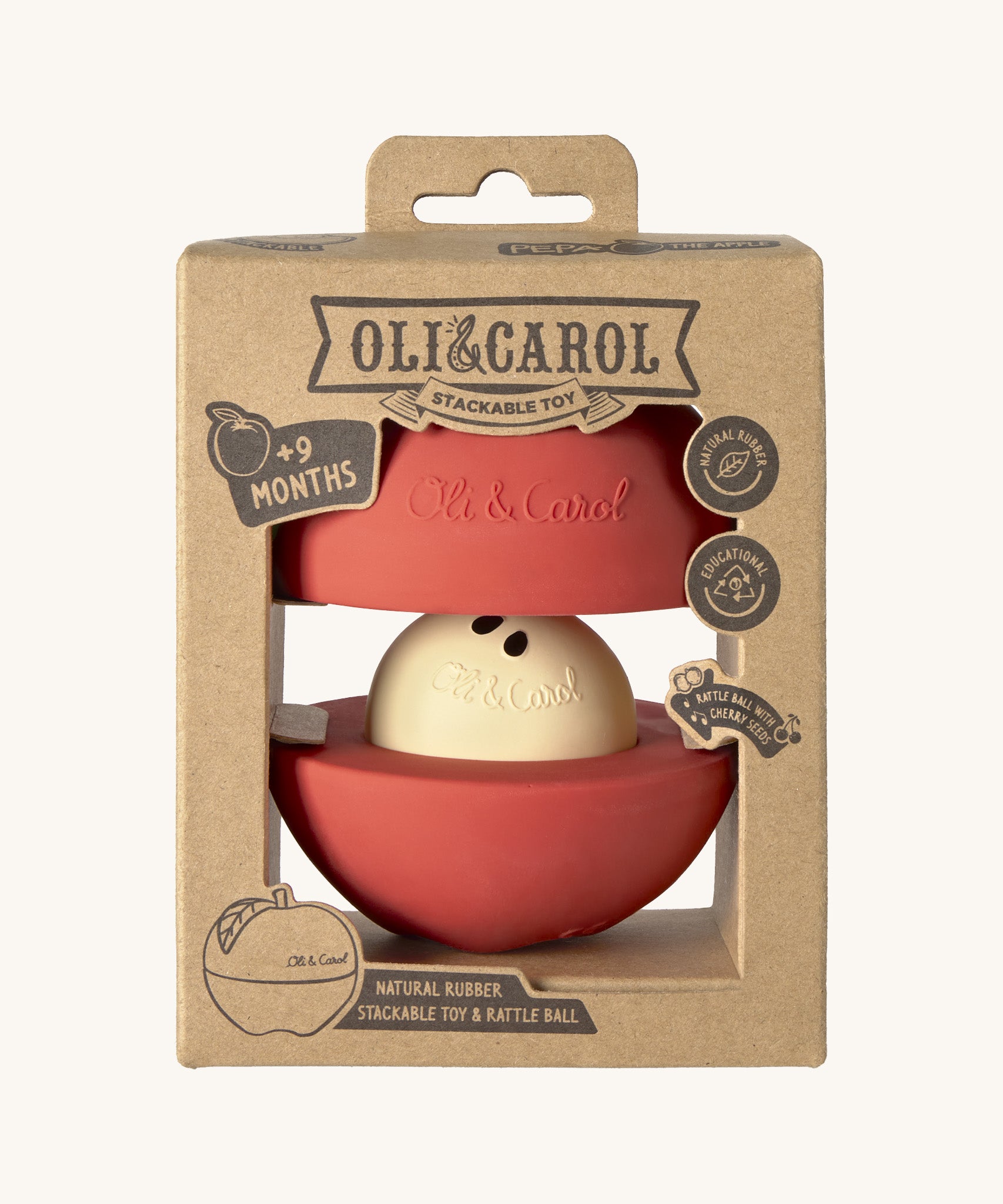The front of the cardboard packaging holding the Oli & Carol red apple stacking toy rattle ball available at Babipur. 