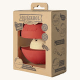 The side of the cardboard packaging holding the Oli & Carol red apple stacking toy rattle ball available at Babipur. 