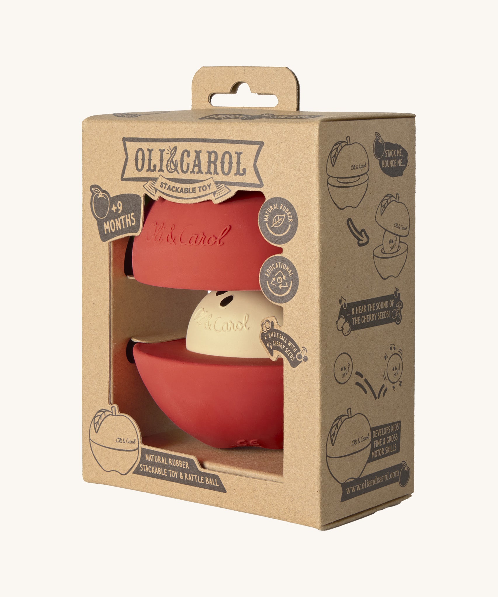 The side of the cardboard packaging holding the Oli & Carol red apple stacking toy rattle ball available at Babipur. 