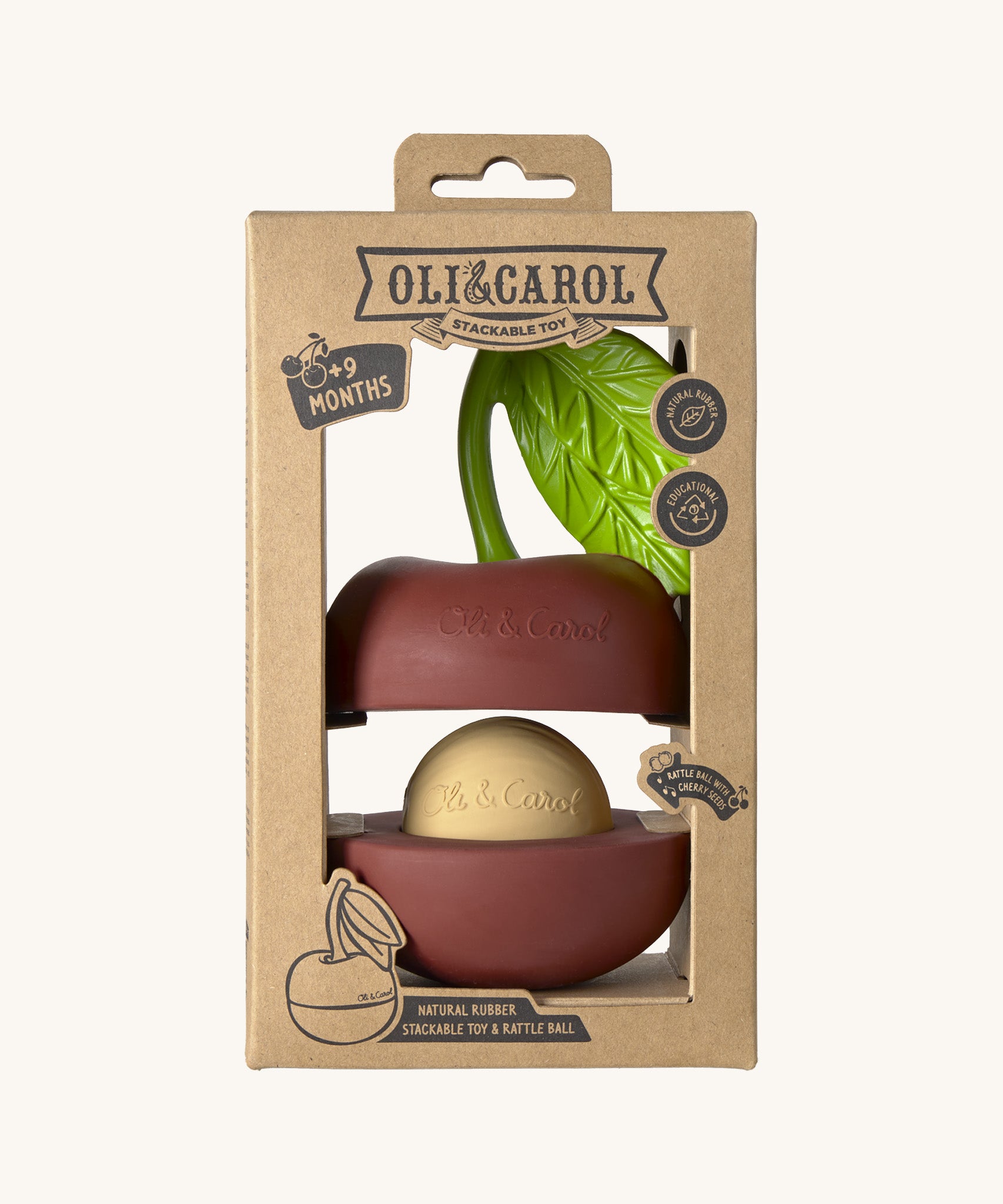 The front of the cardboard packaging holding the Oli & Carol cherry stacking toy rattle ball available at Babipur. 