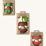 The front of the cardboard packaging holding the Oli & Carol red apple , cherry and watermelon stacking toy rattle balls  available at Babipur. 
