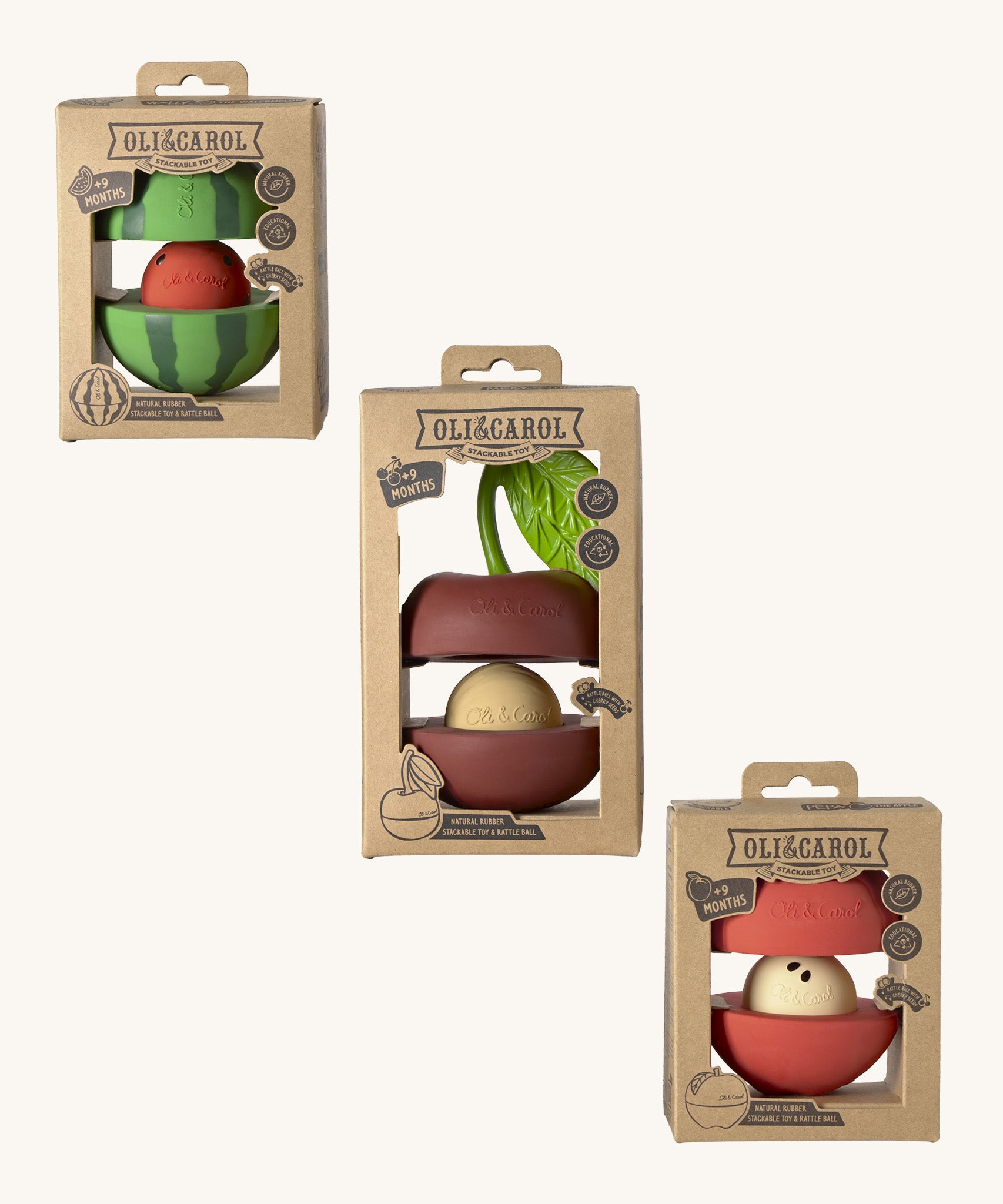 The front of the cardboard packaging holding the Oli & Carol red apple , cherry and watermelon stacking toy rattle balls  available at Babipur. 
