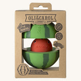 The front of the cardboard packaging holding the Oli & Carol watermelon stacking toy rattle ball available at Babipur. 