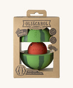The front of the cardboard packaging holding the Oli & Carol watermelon stacking toy rattle ball available at Babipur. 