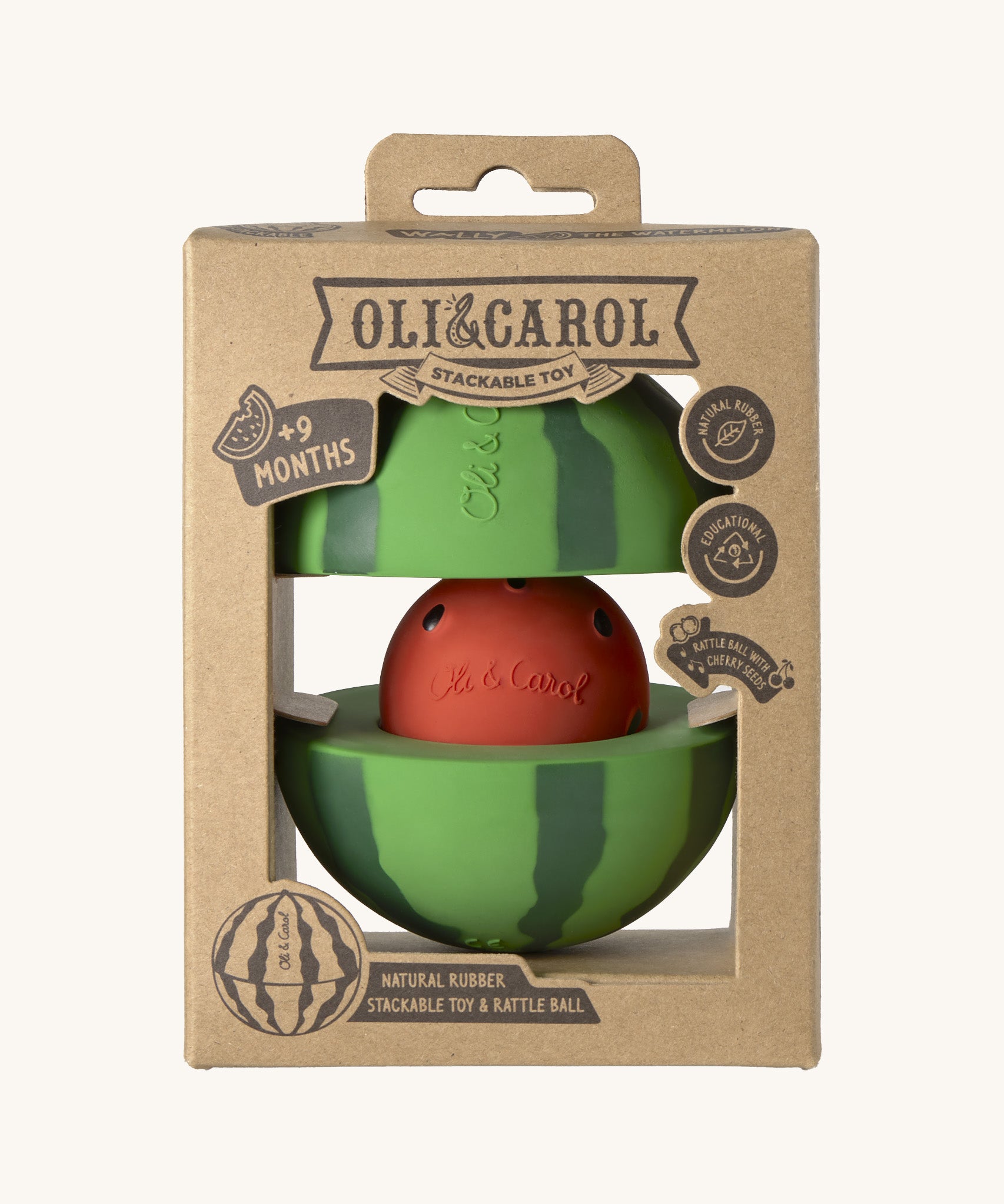 The front of the cardboard packaging holding the Oli & Carol watermelon stacking toy rattle ball available at Babipur. 