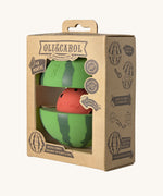 The side of the cardboard packaging holding the Oli & Carol watermelon stacking toy rattle ball available at Babipur. 