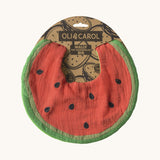 Oli & Carol Wally the watermelon baby bib available at Babipur. A organic cotton bib in a shape of a watermelon cut in half. 