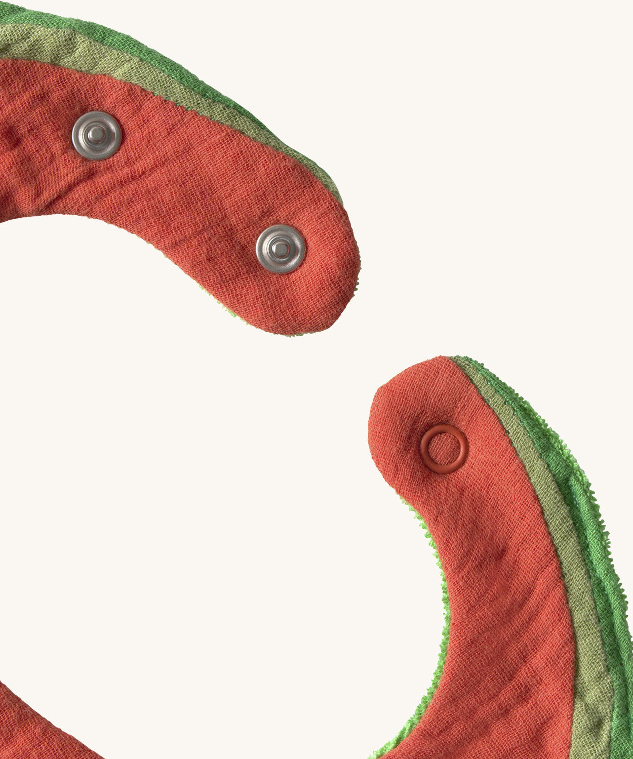 A close up of the  Oli & Carol Wally the watermelon baby bib available at Babipur showing the popper fastener for size adjustment. 