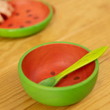 Oli and Carol baby weaning spoon and bowl, made from rubber wood, plastic free, available to buy at Babipur.
