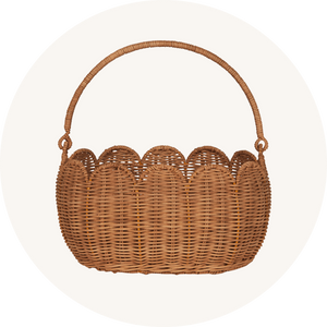 Olli Ella Rattan Petal Woven Basket - made from natural rattan with a scalloped edge and fold down handle.