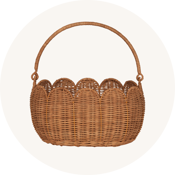 Olli Ella Rattan Petal Woven Basket - made from natural rattan with a scalloped edge and fold down handle.