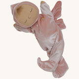 Olli Ella Aurora fairy dozy dinkum doll posing and showing the stitching detail on the pink outfit